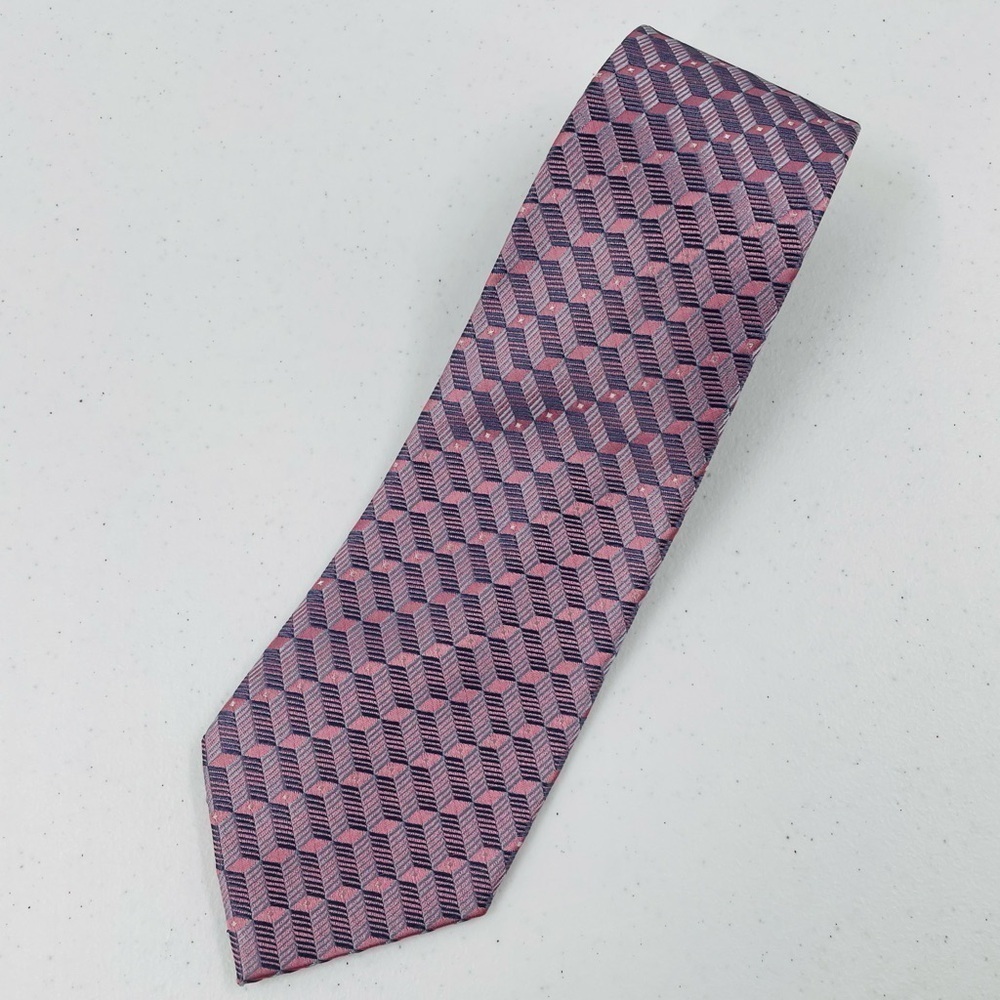 David Taylor Pink Grey White Geometric Office Business Corp Handmade Silk Tie